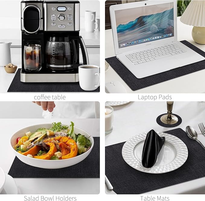 MOSAYT Placemats Set of 8, Heat Resistant Vinyl Place Mats with Coasters, Wipeable Washable 100% Waterproof Oil Proof Faux Leather Table Mats for Kitchen Dining Party Outdoor, 12" x 17", Black