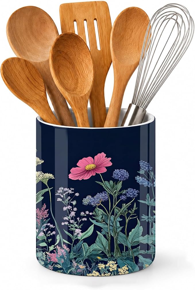 Wildflower Spring Floral Kitchen Utensil Holder,Garden Flowers Large Ceramic Utensil Crock for Countertop,Cooking Utensil Organizer for Spatulas, Spoons
