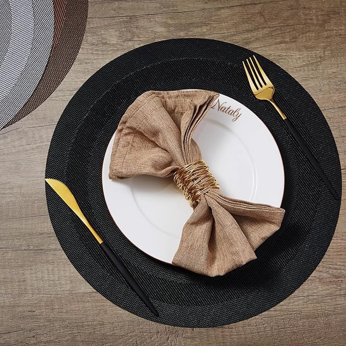 PIGCHCY Round Placemat Set of 6 Heat Resistant Vinyl Washable Kitchen 15 inch Placemats for Home Indoor Outdoor Party (Black)