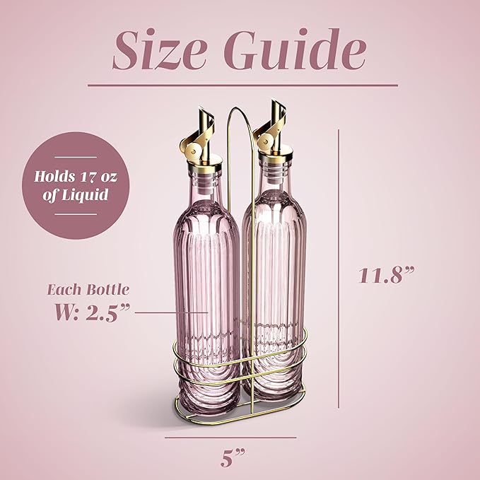 COOK WITH COLOR Glass Olive Oil Bottle Dispenser - 2 Pack- 17oz Oil and Vinegar Cruet - Olive Oil Carafe Decanter for Kitchen, Elegant Fluted, Pink