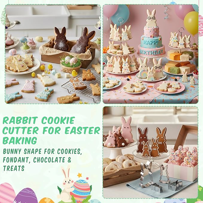 Qinyoung 4 Pcs Bunny Cookie Cutter Set- 5", 4", 3", 2" Large Stainless Steel Rabbit Cookie Cutter Fondant Biscuit Cooking Utensils for Baking for Easter Baby Shower Gender Reveal Birthday