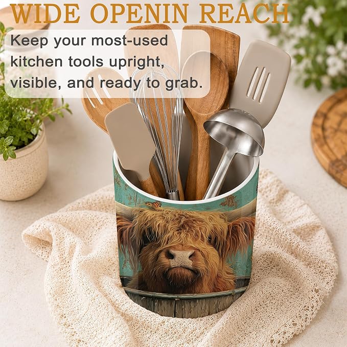 Highland Cow Utensil Holder for Countertop,Sunflower Butterfly Ceramic Utensil Crock Organizer for Home Kitchen Spoons,Spatulas and Cooking Tools