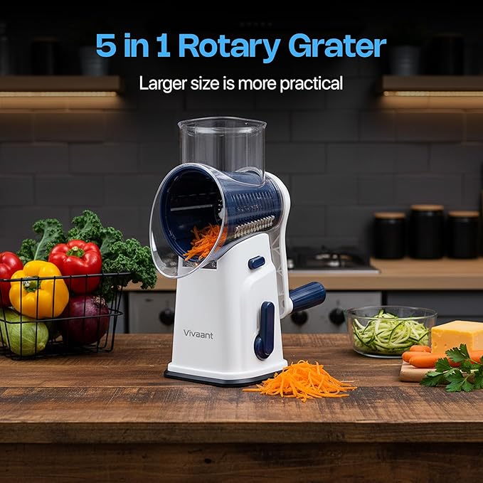Vivaant Rotary Cheese Grater with Handle, Cheese Shredder Hand Crank with Suction Base & 5 Interchangeable Blades, Multi-Functional Food Chopper for Vegetables, Nuts & Chocolate - Easy to Use & Clean