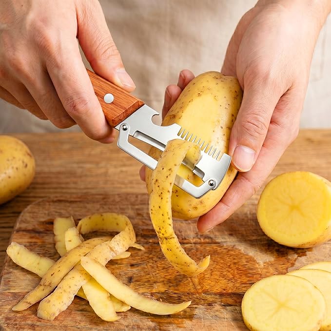 Multifunctional Vegetable Peeler for Kitchen,3 in 1 Stainless Steel Peeler with Wooden Handle and Bottle Opener Fruit Peeler Knife Scallion Shredder,Zero Snag Wooden Kitchen Tool