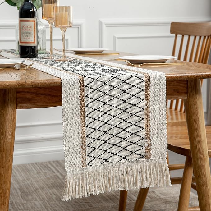 Table Runner Linear End, Boho Style with Tassels, Cotton & Linen, Farmhouse Home Decor for Living Room Dresser Scarfs (12x60Inch, Black & Beige)