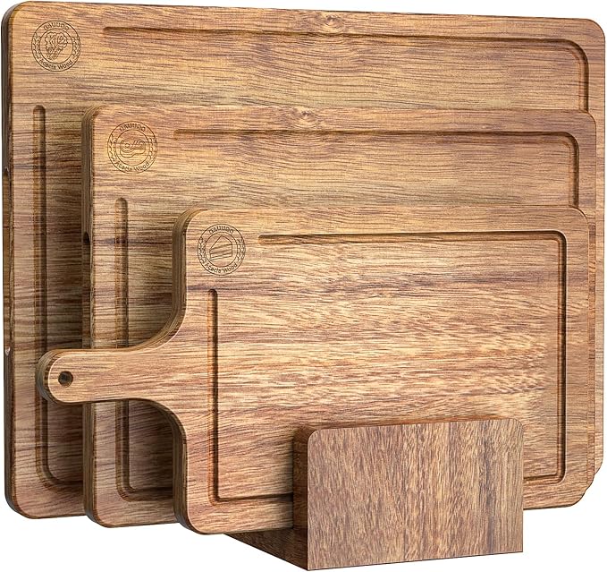 Acacia Wood Cutting Board Set of 3 – Non-Toxic & Pre-Oiled Cutting Boards for Kitchen, Chopping Boards with Holder, Juice Groove, Reversible Serving Board, Labeled Icons for Meat Cheese Vegetables