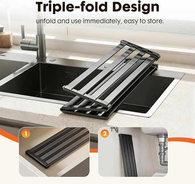 Foldable Over Sink Dish Drying Rack, Extra Wide & Thick Rust-Proof Aluminum Sink Cover for Counter Space, Collapsible Dish Drying Rack Fits Most Kitchen Sinks (Black, 23.6“x13.6)