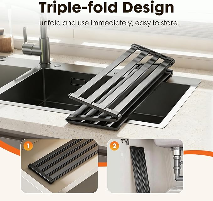 Foldable Over Sink Dish Drying Rack, Extra Wide & Thick Rust-Proof Aluminum Sink Cover for Counter Space, Collapsible Dish Drying Rack Fits Most Kitchen Sinks (Black, 20.5“x13.6)