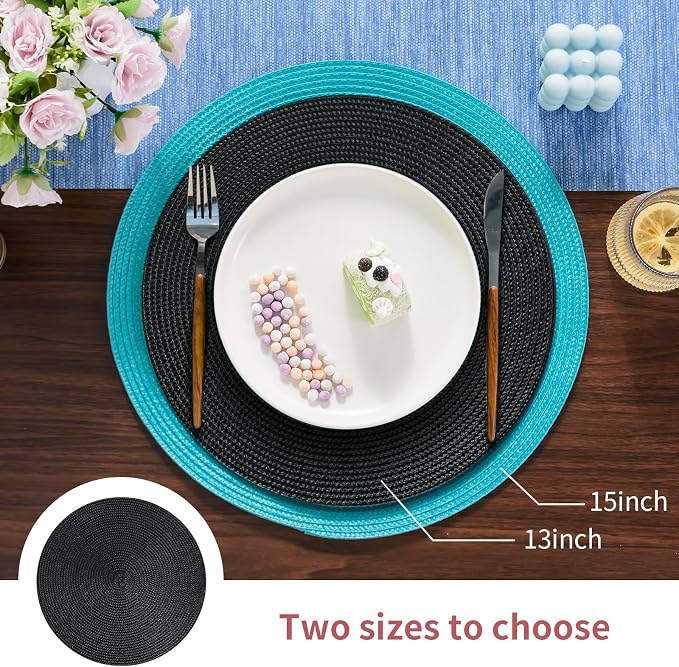 FunWheat Round Braided Placemats Set of 6 Place Mats for Dining Tables Woven Washable Non-Slip Table mats Small 13 inch(S Black, 6pcs)