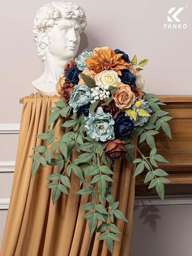 FANKO Artificial Flowers for DIY, Navy Blue Brown Peach Faux Flowers Bouquet, Colorful Fake Rose Peony Poppy Silk Flowers for Vase, Home Decor, Garland, Summer Wedding, Birthday, Party