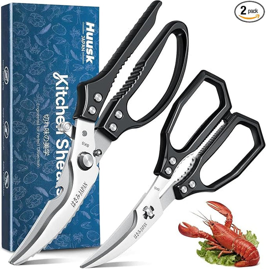 HUUSK Black Kitchen Scissors Set - Heavy Duty Kitchen Shears for Poultry & Sharp Seafood Scissors for Crab, Shrimp, Lobster, Nuts - Christmas Gift for Men and Women