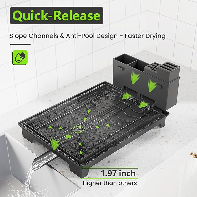 2-Tier Foldable Dish Drying Rack with Drainboard, Stainless Steel Large Capacity Kitchen Counter Organizer with Cup Holder, Utensil & Cutting Board Storage, No Assembly Required, Black