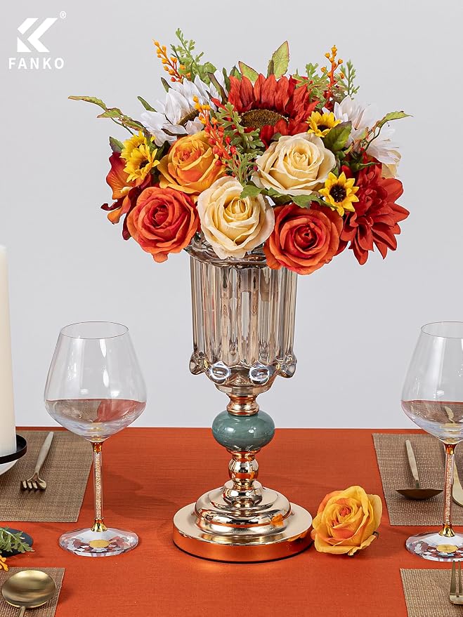 FANKO Artificial Flowers for DIY, Orange Yellow Brown Red Faux Flowers Bouquet, Fake Rose Sunflowers Dahlia Daisy Silk Flowers for Vase, Home Decor, Garland, Summer Wedding, Birthday, Party