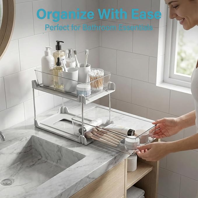 2 Pack Bathroom Organizer,2 Tier White Under Sink Organizers Vanity Countertop Storage Container,Cabinet Drawers Bins, Pull-Out Organization with Track for Pantry, Kitchen