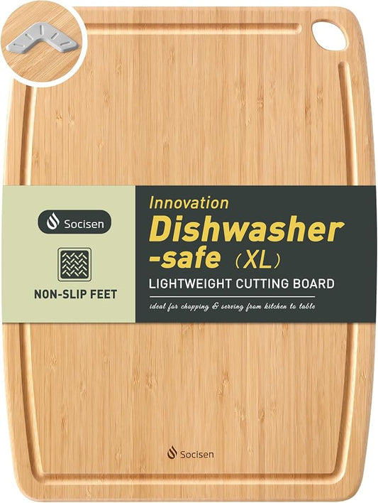 Lightweight Durable Bamboo Cutting Board with Non-Slip Feet, Extra Large Big Wood Cutting Boards for Kitchen with Juice Groove, Wooden Charcuterie & Chopping for Fruit, Vegetables & Cheese