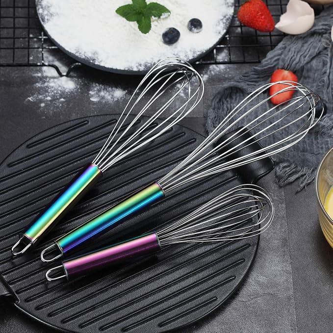 Berglander Rainbow Handle Whisk Pack of 3 Stainless Steel 8",10",12", Titianium Plating Colorful Handle Whisks for Cooking, Beater,Wire Whisk Set Kitchen Wisk (Rainbow Handle)