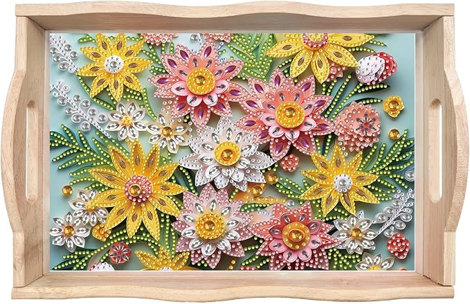BAYUNOE DIY Diamond Serving Tray Rectangular Breakfast Tray with Handle Handmade Diamond Art Painting Wooden Tray Spring Creative Dinner Plate Coffee Room Living Home Organizer-Flower