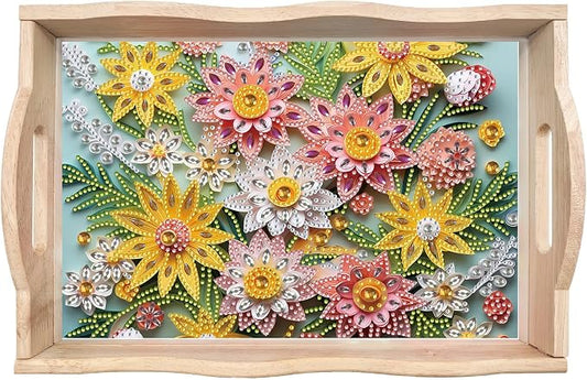 BAYUNOE DIY Diamond Serving Tray Rectangular Breakfast Tray with Handle Handmade Diamond Art Painting Wooden Tray Spring Creative Dinner Plate Coffee Room Living Home Organizer-Flower