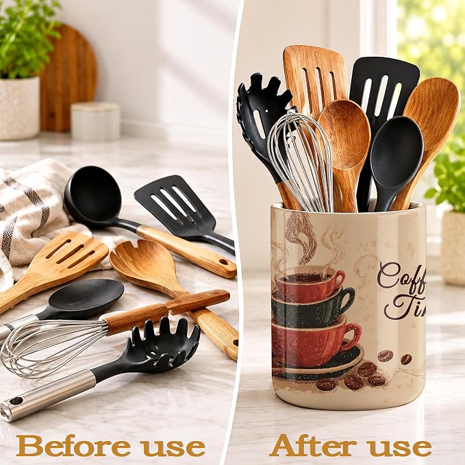 Kitchen Utensil Holder,Vintage Coffee Large Ceramic Utensil Crock for Countertop,Cooking Utensil Organizer for Spatulas,Spoons
