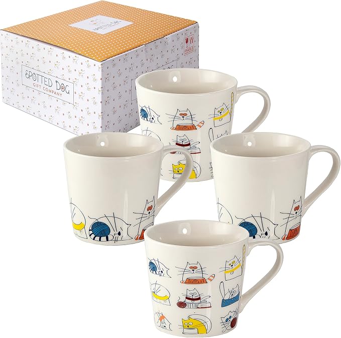 SPOTTED DOG GIFT COMPANY Cat Mugs, 13 oz Coffee Mug Set of 4, Funny Cartoon Cats Themed Ceramic Tea Cups, Microwave & Dishwasher Safe, Cute Cat Gifts for Women and Animal Lovers