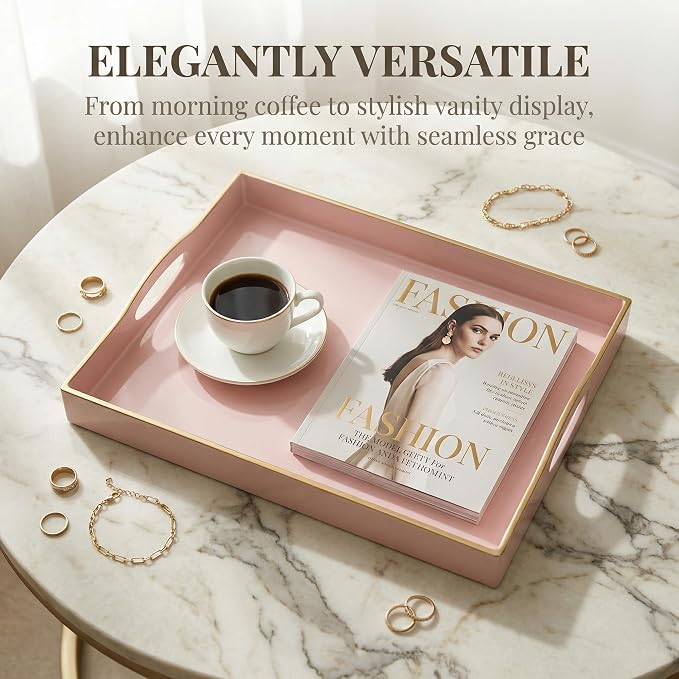 Pink Serving Tray with 4 Handles, Plastic Decorative Tray for Coffee Table, Ottoman - Ideal for Living Room & Bathroom. 15” x 11” x 1.9”