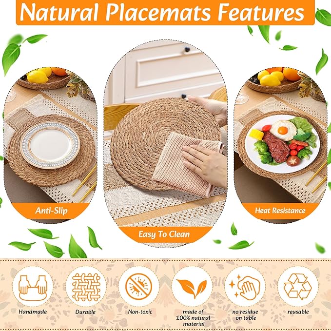 8 Sets Boho Decoration Placemats Round Woven Placemats, Cloth Napkins, Wood Bead Napkin Rings, Long Table Runner and Farmhouse Burlap Cotton for Table Kitchen (Khaki,12x108)