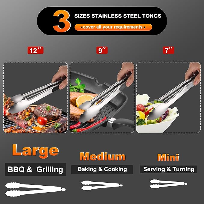 Anaeat Stainless Steel Locking Tong Set of 3 - Premium 7, 9 and 12 inch Kitchen Food Tongs with Non-Slip Silicone Tips and Grip for Serving, Cooking, Baking and BBQ - Heavy Duty & Heat Resistant