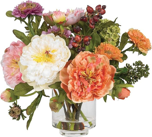 Nearly Natural Mini Artificial Peony Floral Arrangement, Faux Flowers for Table Shelf Decor, Assorted Colors