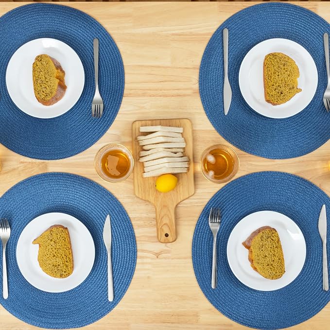 Winknowl Round Braided Placemats Set of 4 Washable Woven Heat Resistant Table Mats for Kitchen Dining Tables 15 inch Round Place Mats (Blue,4pcs)