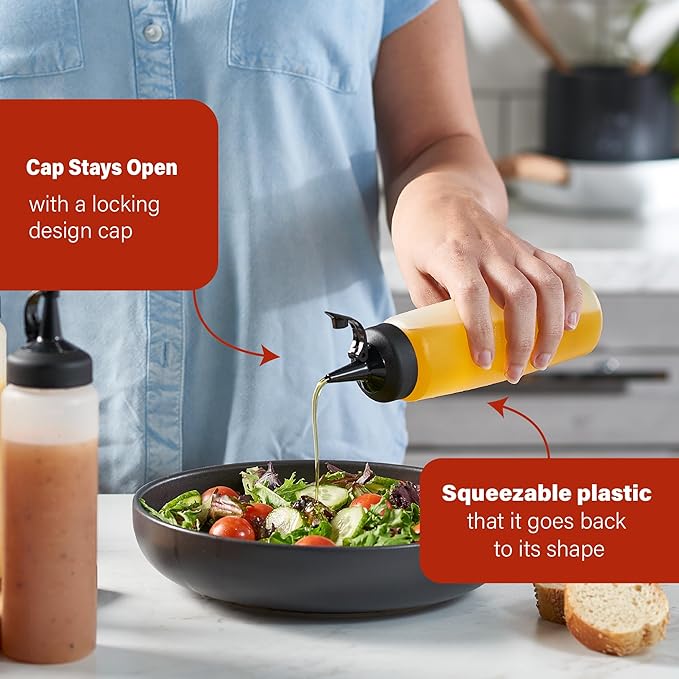 Condiment Squeeze Bottles for Sauces and Liquids – Plastic Refillable Squirt Bottles for Ketchup, Oils, and Condiments – Multipurpose Condiment Containers for Kitchen, BBQ & Cooking (12 Oz - 2 Pack)