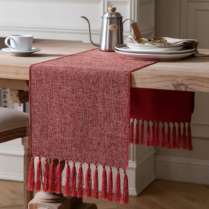 ZeeMart Red Table Runners 36 Inches Long, Burlap Linen Style Rustic Farmhouse Table Runner, Small Short Boho Coffee Table Runner, 13x36 Inches, Red