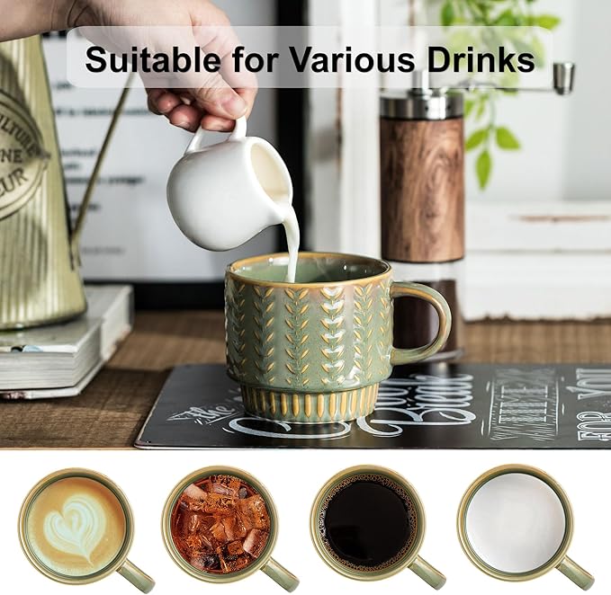 Miamolo Coffee Mugs Set of 4 with Spoons & Rack, Stackable Espresso Cups 13oz Coffee Mug for Drinks Latte Cappuccino Tea, Turkish Coffee Cup for Housewarming Wedding Gift, Dishwasher Safe