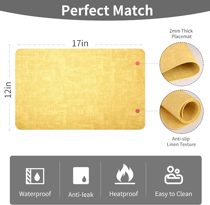 Maxpearl Faux Leather Placemats Set of 4 - Waterproof - Wipe Clean - Heat Resistant - Anti Slip Dining Table Place Mats, Suitable for Indoor & Outdoor Use, 17’’×12’’, Light Yellow