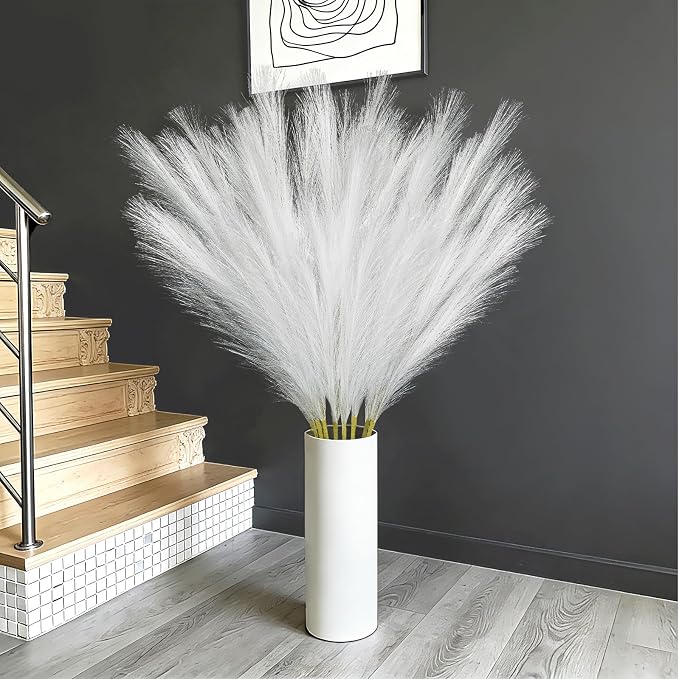 TORONTOKYO 8Pcs White Faux Pampas Grass Tall Decor, 35.4” Fluffy Artificial Pompous Grass Branches, Large Pampas Grass Reed Stems for Floor Vase Filler, Wedding, Baby Shower, Home Boho Decor
