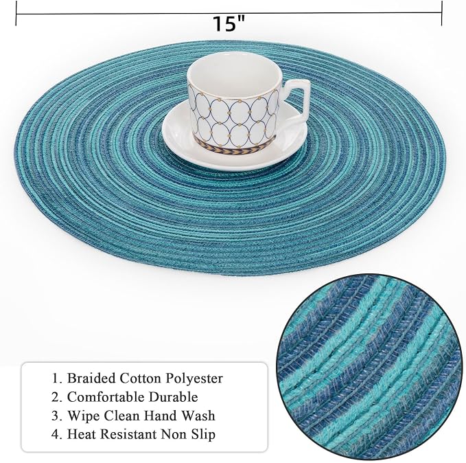 SHACOS 15 inch Round Placemats Set of 8 Variegated Multicolor Place Mats Cotton Polyester Braided Non Slip Washable Heat Resistant Table Mats for Home Wedding Dinner Party Table Decor, Rainbow Teal
