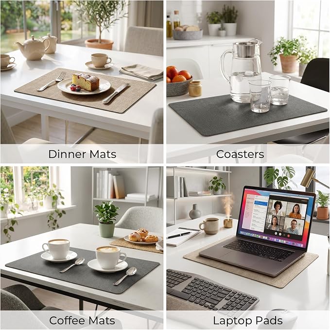 Romanstile Vinyl Placemats Set of 6, Reversible Faux Leather Heat Resistant Wipeable Table Mats, Waterproof Washable Non-Slip Table Placemats for Dining/Kitchen/Party/Outdoor (Grey Khaki, 12" x 17")