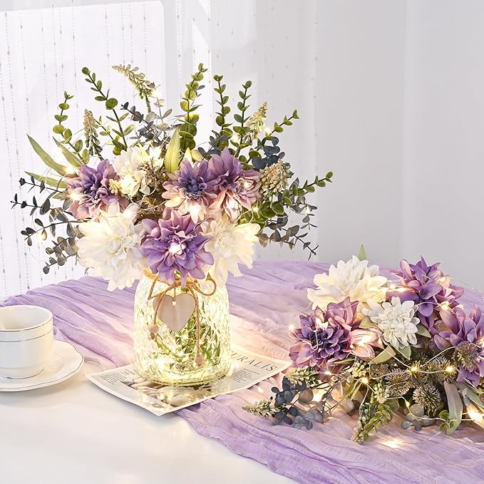 MARTINE MALL Fake Flowers in Vase with Lights, Faux Flowers in Vase, Dahlia Artificial Flowers in Vase Centerpiece Table Decorations Artificial Flower Arrangement for Home Dining Room Farmhouse