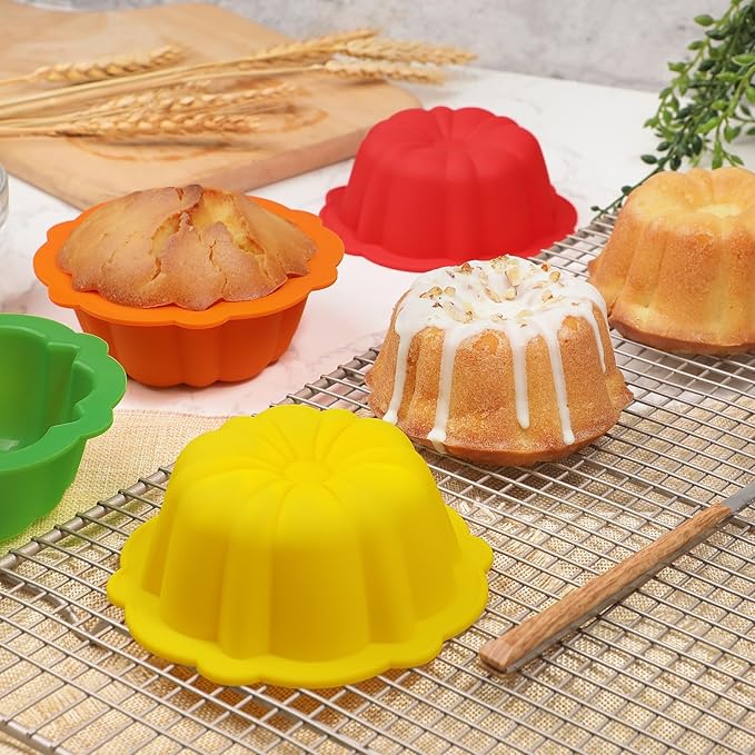 Webake 4 Inch Silicone Mini Cake Pan Set of 8, Nonstick BPA Free Fluted Tube Cake Pans for Baking, Muffins, Cupcakes