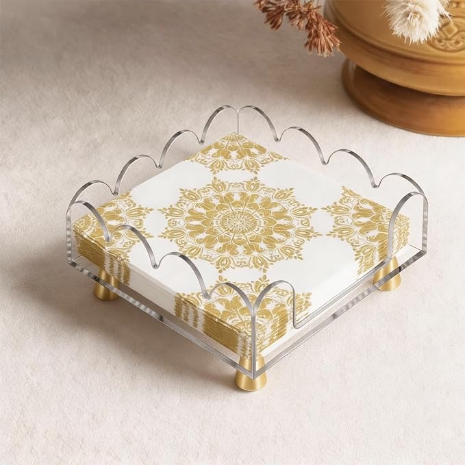 Acrylic Napkin Holder with Gold Metal Feet - Elegant Clear Tissue Organizer for Bathroom, Dining Table & Vanity (Square)