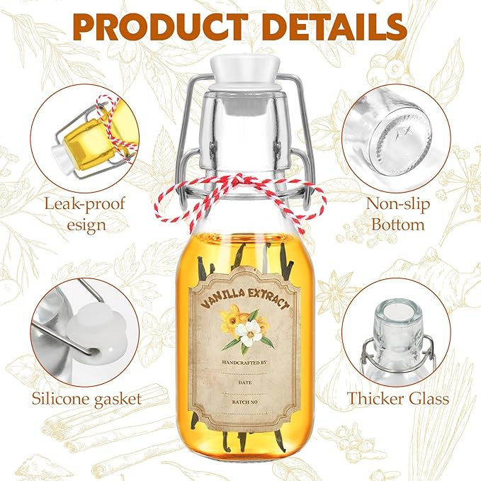 20 Pack Swing Top Glass Vanilla Extract Bottles 4 oz with Lids, Vanilla Extract Labels and Funnel, Glass Boston Vanilla Bottles for Syrup Gift, Flip Top Glass Bottles Jars for Vanilla Extract