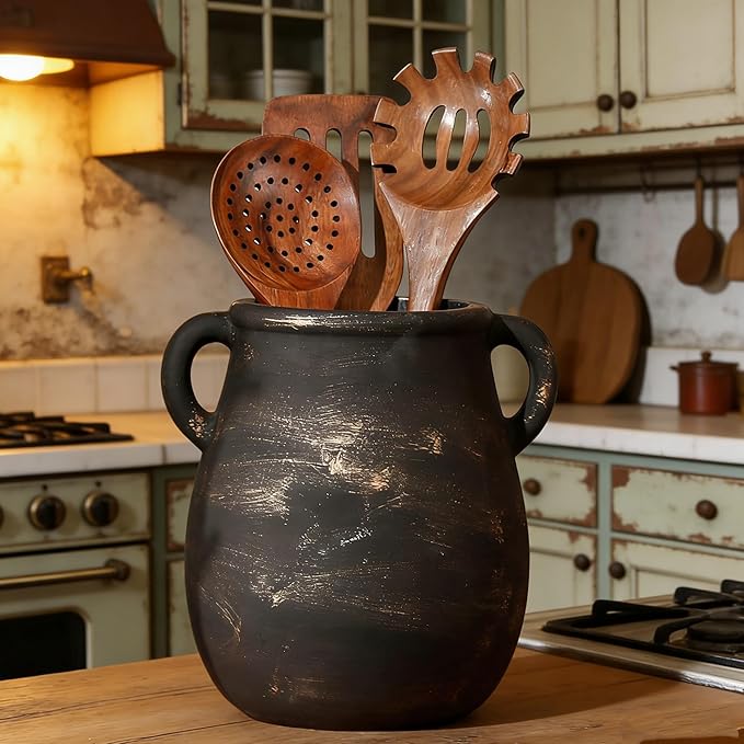 Rustic Kitchen Utensil Holder for Countertop, Ceramic Utensil Crock for Kitchen Counter,Farmhouse Spatula Organizer for Countertop, Vintage Crock Decor, Ideal Housewarming Gift (Black)