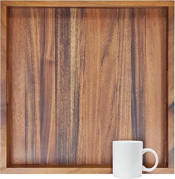 22x22Inches Walnut Wooden Ottoman Tray with Handles,Square Coffee Table Serving Tray for Home Decor,Couch Table for Party,Patio Breakfast Trays for Bed no Legs