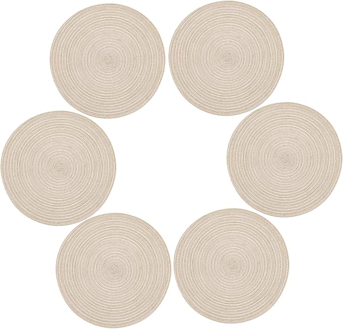 Topotdor 14 Inch Round Placemats Heat-Resistant Stain Resistant Anti-Skid Washable Polyproplene Table Mats Placemats (Beige, Set of 6)