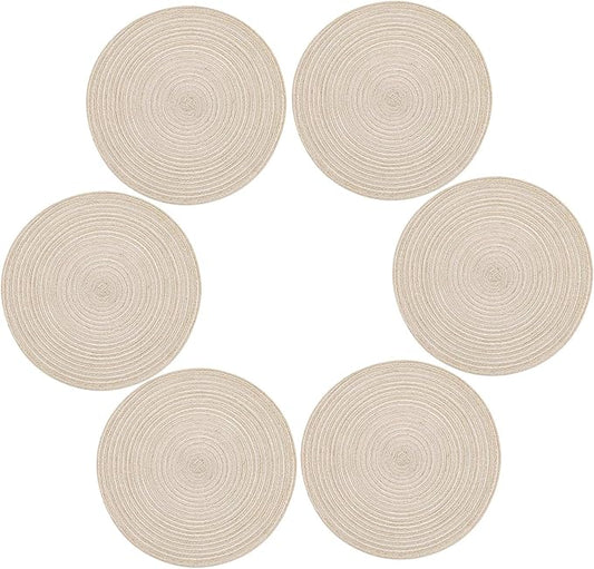 Topotdor 14 Inch Round Placemats Heat-Resistant Stain Resistant Anti-Skid Washable Polyproplene Table Mats Placemats (Beige, Set of 6)