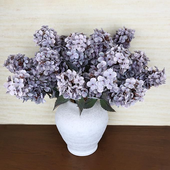 2FT Hydrangea Artificial Flowers - 10 PCS Long Stem Faux Cone Hydrangeas for Tall Vase, DIY Vintage Floral Table centerpieces for Dining Room, and Home Kitchen Decorations - Grayish Purple