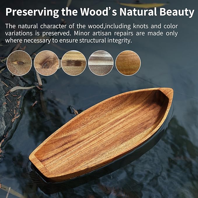 Lucky Boat Serving Tray, Acacia Solid Wood Interesting Shape Plate for Serving Desserts, Fruit, Snack and House Ornament,Key Tray,Functional and Storage Decorative Bowl。(L)