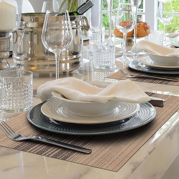 Winknowl Placemats, Set of 4 Heat Resistant Stain Resistant Woven Vinyl Insulation Place mats, Durable Washable Elegant Table Mats for Dining (Brown)
