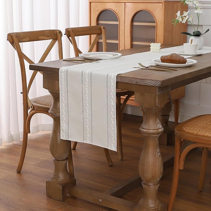 Gernaice Boho Table Runner, Rustic Cotton Linen Farmhouse Table Runners for Holiday Wedding Dining Living Room Bedroom Home Decor, 90" L X 13" W Ivory