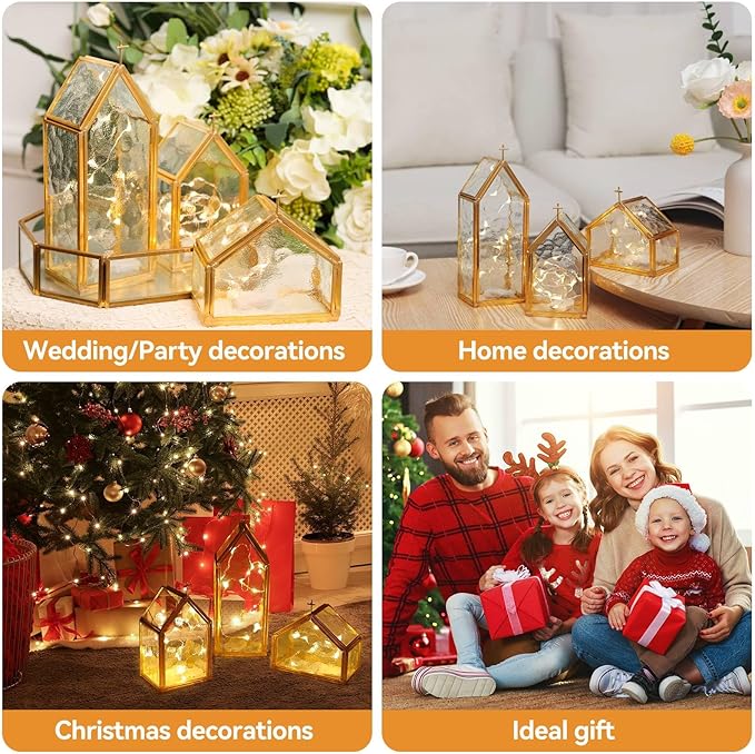 Glass Candle Holder Set of 3, Gold Metal & Textured Glass House-Shaped Candle Holders for Elegant Home Decor, Wedding Table Decor, Mantel & Living Room Accents