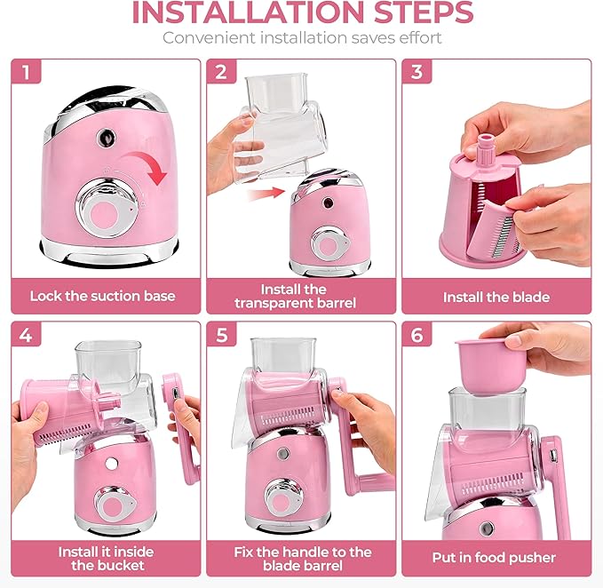 SUSTEAS Rotary Cheese Grater with Handle,Vegetable Slicer with 6 Interchangeable Blades, Reinforced Suction,Easy to Clean,Kitchen Shredder for Crushed Ice,Fruits and Nuts with Blade Storage Case,Pink
